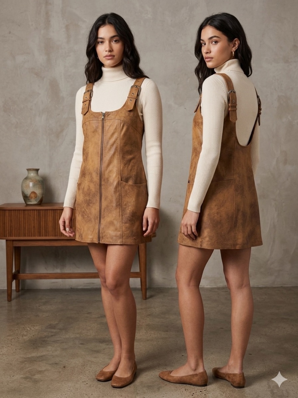 Free People Tan Faux Leather Pinafore Dress with Front Zip